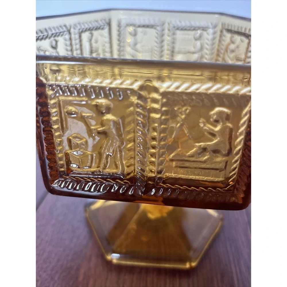 Vintage Imperial Glass Springerle Amber Pedestal Compote Candy Dish With Sticker